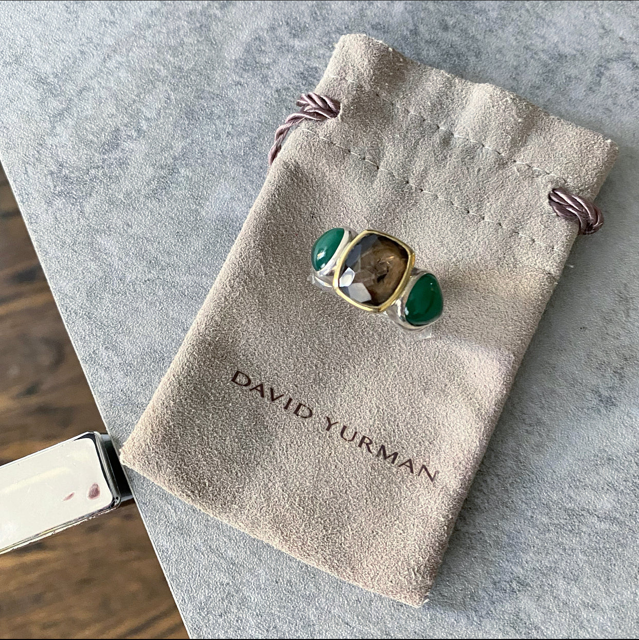 David Yurman Sterling Silver & 18k Gold Green Onyx Smoky Quartz Ring | Elegant Jewelry for Women | Perfect for Weddings, Parties & Special Occasions