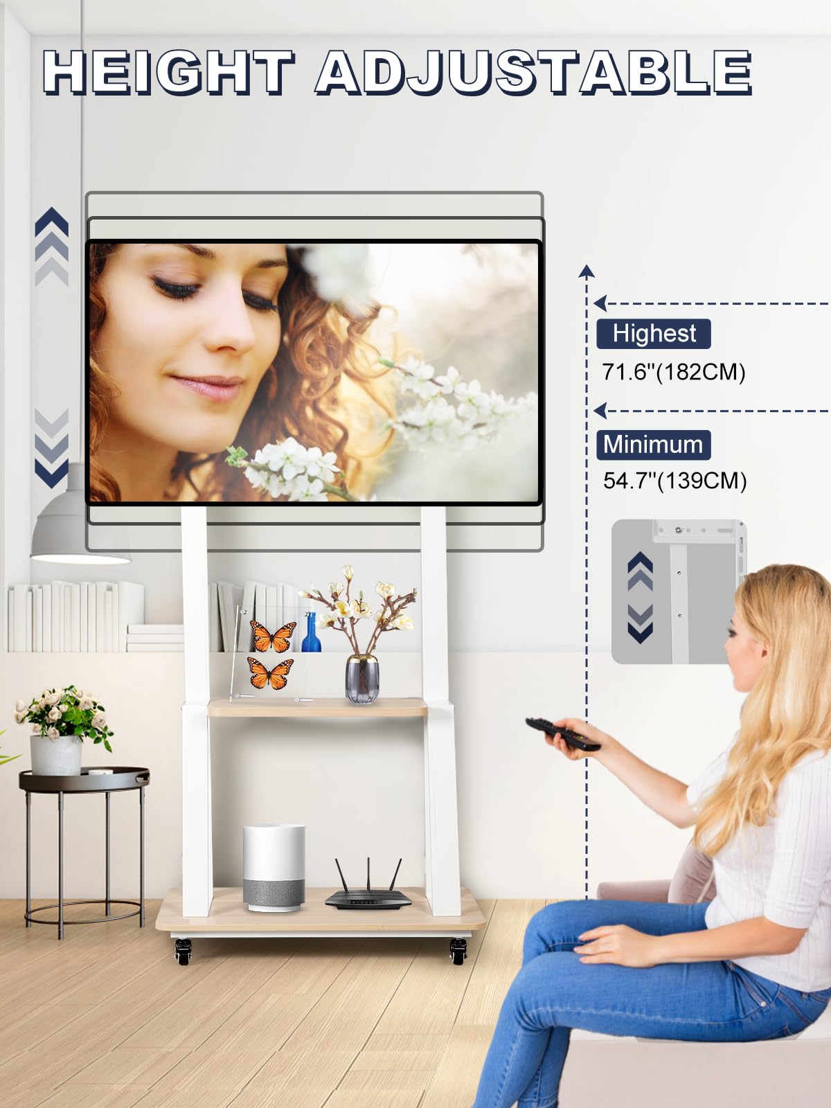Heavy-Duty Mobile TV Stand for 32-75 Inch Flat/Curved Screens - Adjustable Height Rolling TV Cart with Wheels & Wood Shelf, Supports 100lbs (White) | Perfect for Living Rooms, Bedrooms & Home Theaters