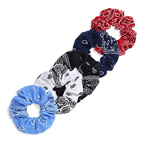 FAMEZA 5-Pack Bandana Scrunchies Hair Ties for Women - Soft Cotton Printed Hair Bands & Elastics - Perfect for Workouts, Yoga, and Everyday Styling