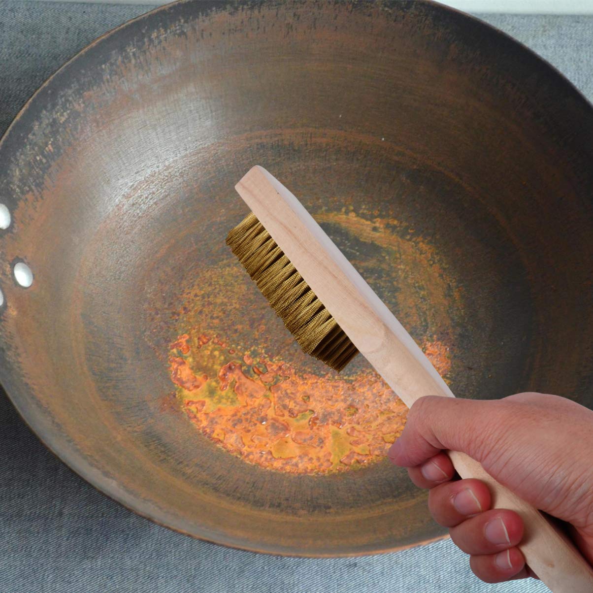 DOITOOL Stainless Steel Wire Brush - Heavy Duty Rust Remover for Metal, Cast Iron Pans & Woks | Wood Handle Dish Scrubber for Kitchen Cleaning, Grill Grate Maintenance & Masonry Work | Portable Derusting Brush with Metal Bristles