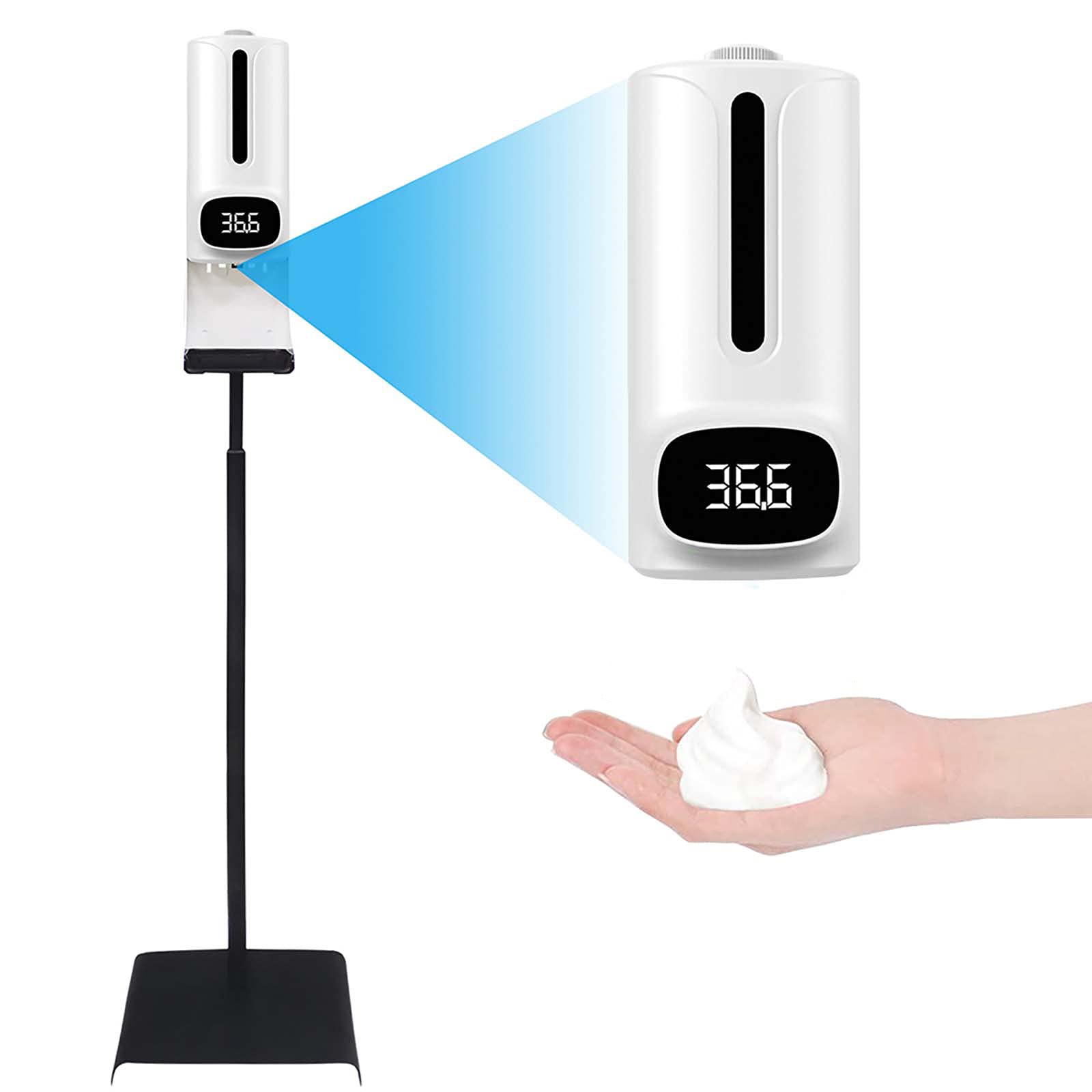 LWWOZL Automatic Hand Sanitizer Dispenser with Floor Stand - 1200ml Touchless Sanitizer with Thermometer, High Temp Alarm & USB Power for Bathroom, Hotel, Office - Ideal for Schools, Kitchens & Public Spaces