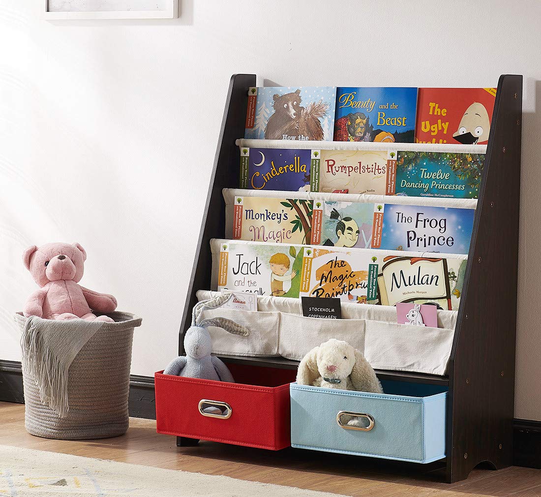 SEIRIONE Kids Bookshelf with 4 Sling Book Display Stand & 2 Storage Organizer Bins - Espresso Wooden Bookcase for Nursery, Playroom, or Classroom Organization