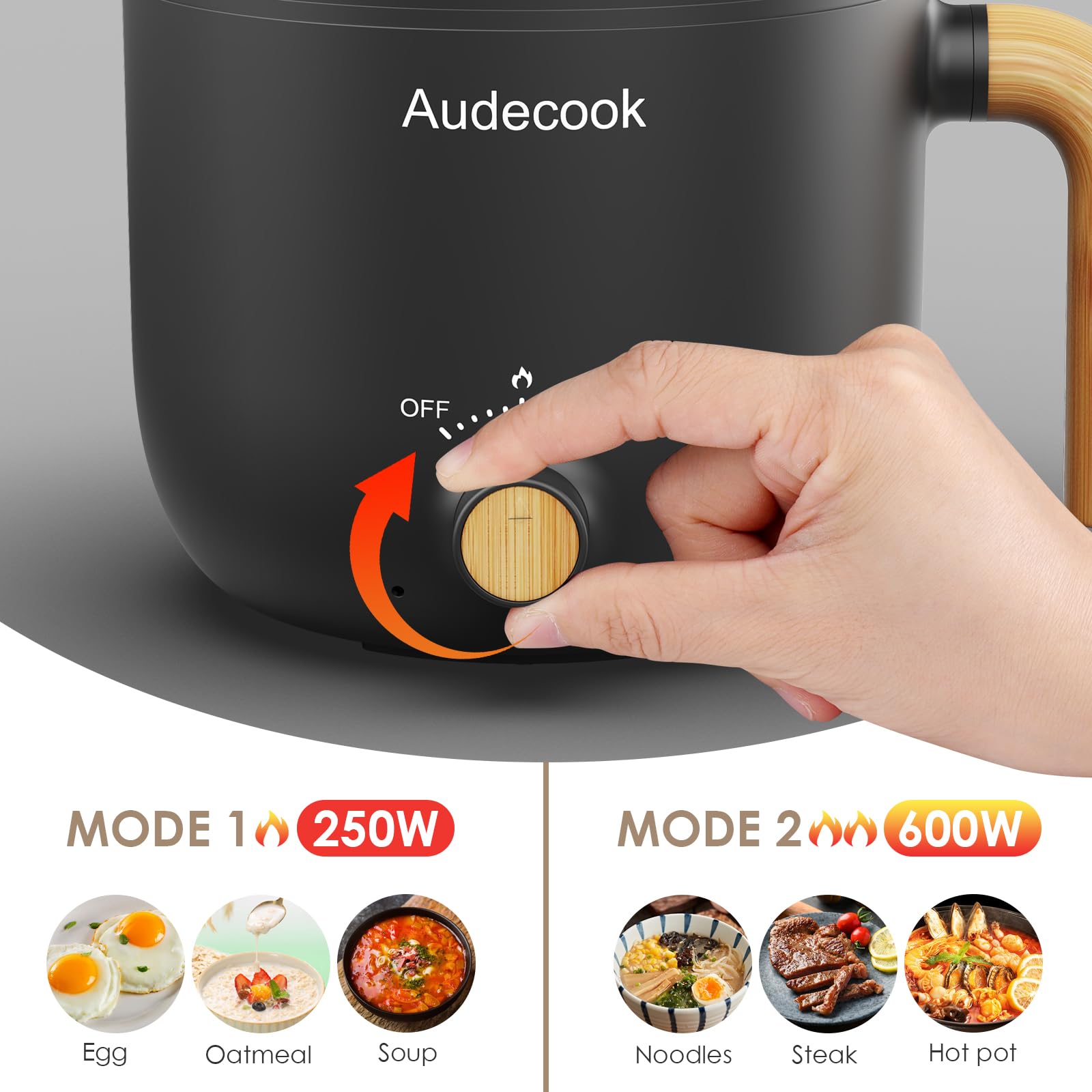 **Audecook 1.5L Electric Hot Pot with Steamer - Portable Nonstick Noodle Cooker, Dual Power Control for Pasta, Soup, Steak, Eggs & Oatmeal - Perfect for Travel, Dorm, Office & Small Kitchens (Black)**
