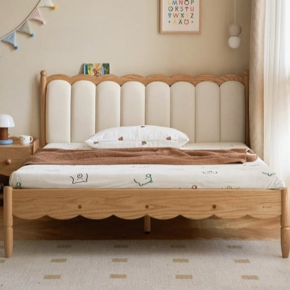 Premium Oak Solid Wood Kids Upholstered Bed with Soft Headboard - Milky White | Safe & Comfortable Toddler Bedroom Furniture for Boys & Girls | Perfect for Bedrooms, Daycare & Guest Rooms