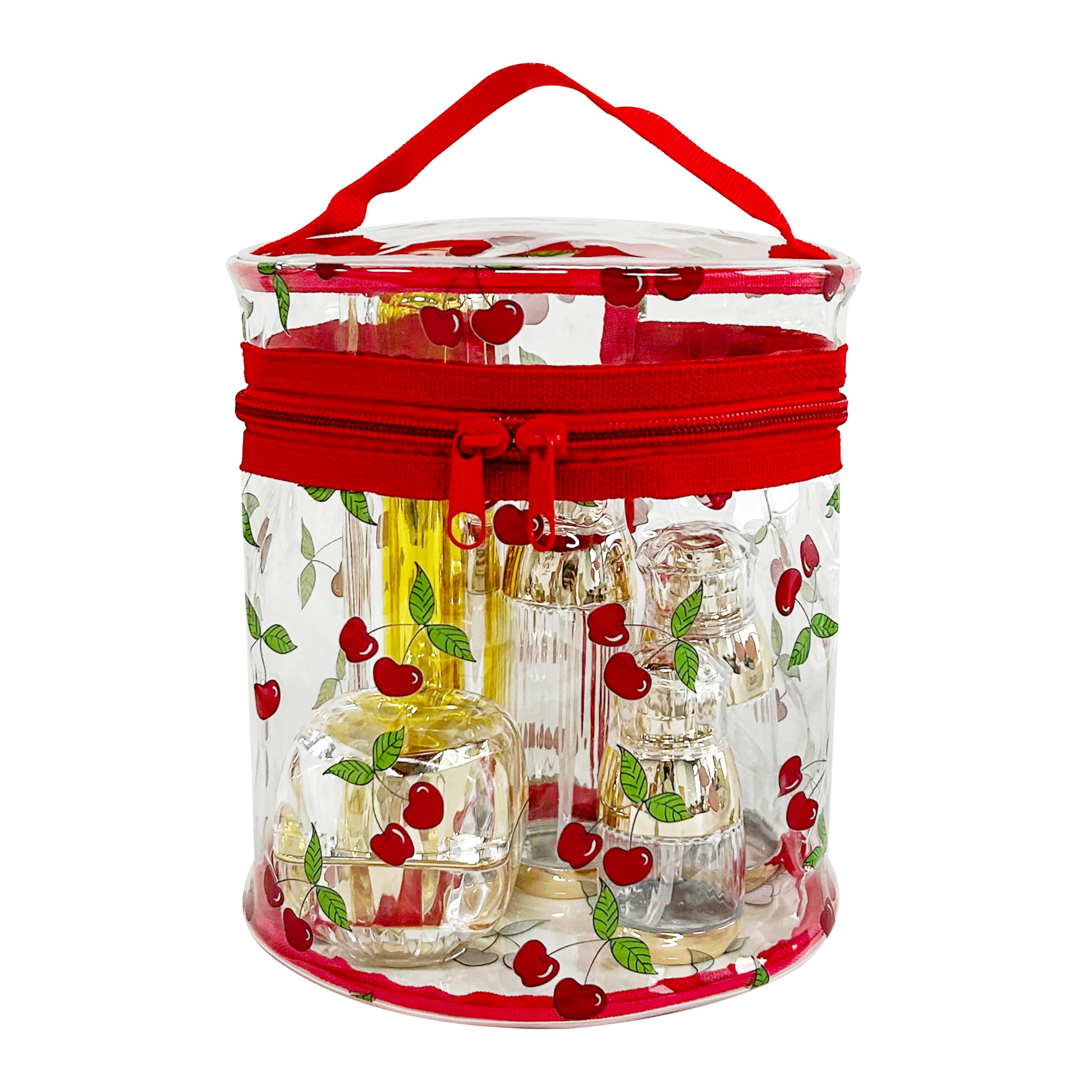 **Printed Cherries Clear Cylinder Travel Makeup Bag – Waterproof Cosmetic Pouch with Handle for Women & Girls – Perfect for Travel, Gym, and Daily Organizer (D2064-16)**