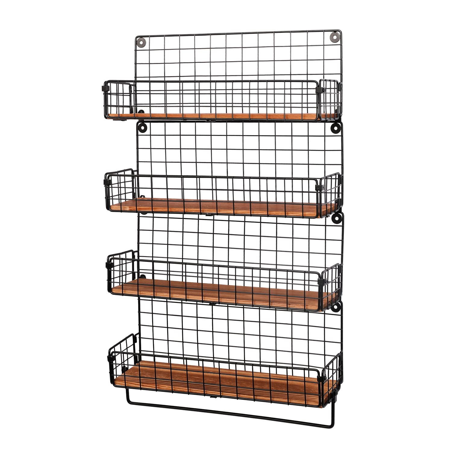 4-Tier Wall Mounted Spice Rack with Towel Hanger - Iron Wire & Wood Condiment Organizer - Floating Shelf for Kitchen, Bathroom - Perfect for Storing Spices, Jars & Beauty Products in Small Spaces