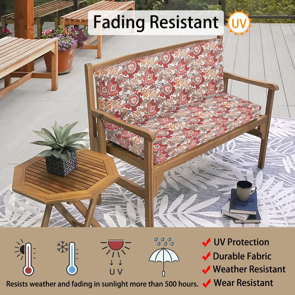 Magpie Fabrics 42x18x3 Inch Waterproof Patio Bench Cushion Cover - No Insert Included, Zippered Outdoor Loveseat Replacement Cover in Botanical Red Orange - Perfect for Garden, Deck, and Poolside Furniture Protection