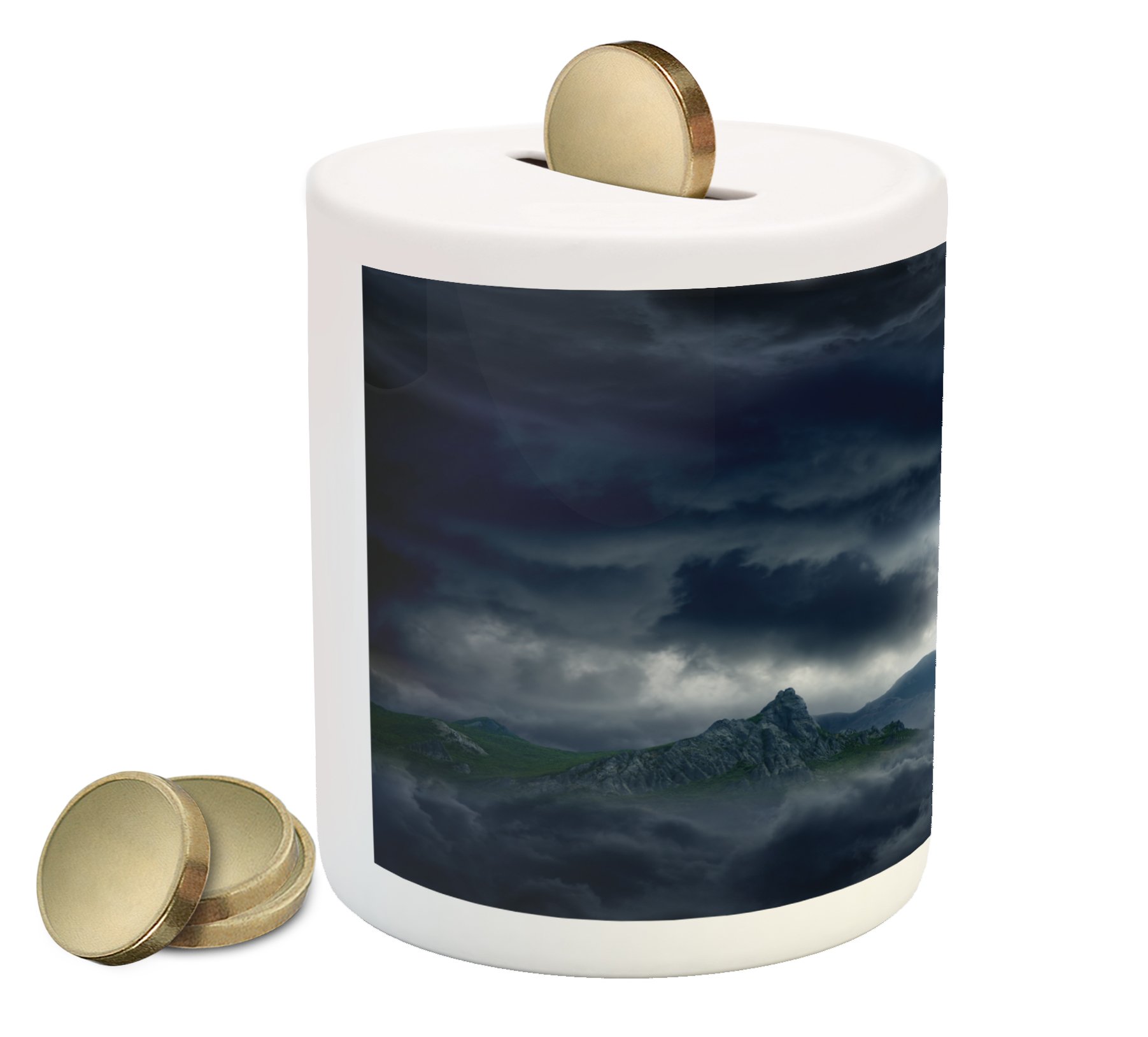 Ambesonne Ceramic Piggy Bank with Dark Stormy Sky Over Mountains Design - Nature Themed Money Box for Cash Savings - Perfect for Kids' Allowance, Coin Collection & Home Decor (Blue)