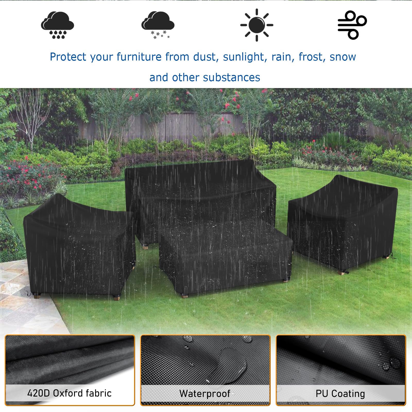 **600D Heavy Duty Waterproof Patio Furniture Cover Set - 4 Piece Outdoor Sectional Table & Chair Protection, Black (Large) - Perfect for Lawn, Garden & Backyard Use**
