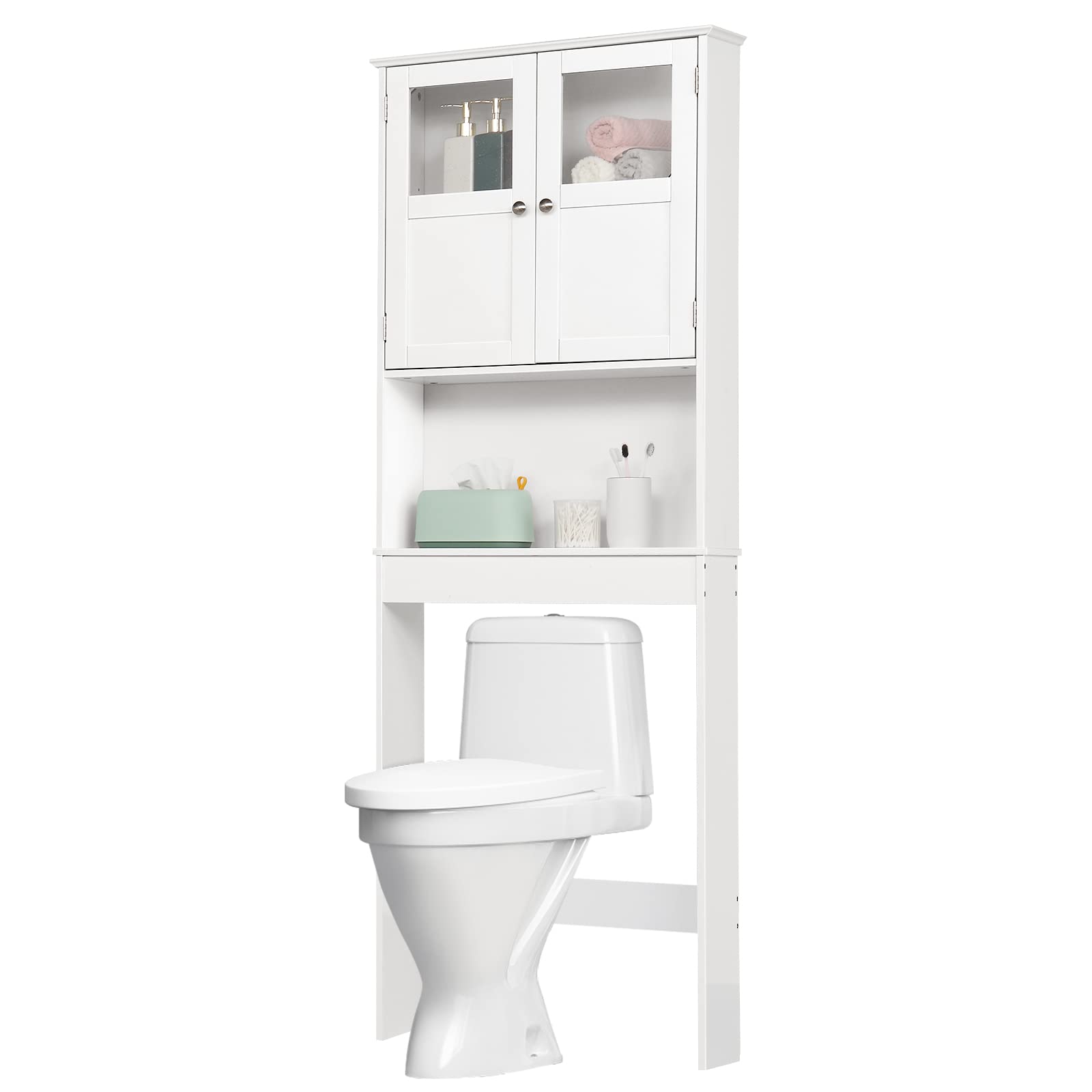 Bonnlo Over The Toilet Storage Cabinet with Adjustable Shelf - White Bathroom Floor Organizer with Double Doors, 67