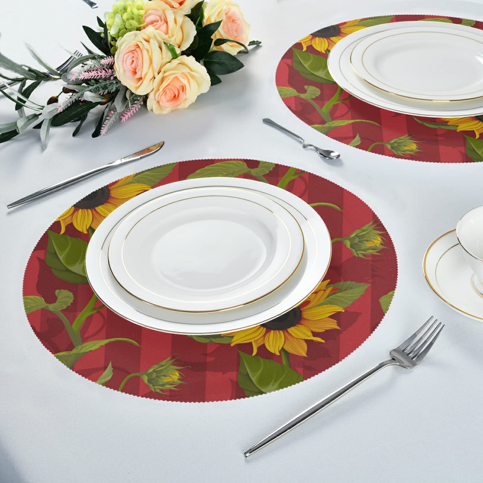 Susiyo Round Placemats Set of 4 - Sunflower Red Stripes Kitchen Table Mats, 15