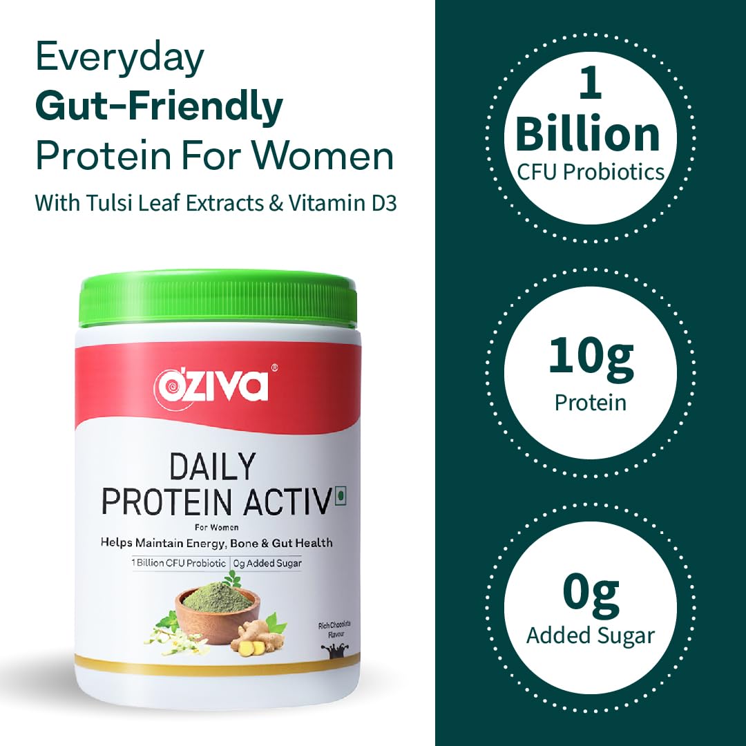 OZiva Daily Protein Activ for Women - Clean Protein Powder with Tulsi & Probiotics for Energy, Bone Health & Hormonal Balance - Chocolate Flavor (300g + Free Green Shaker) - Perfect for Post-Workout Recovery & Healthy Lifestyle