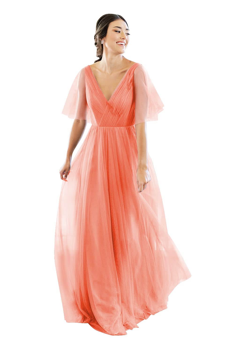 Elegant V-Neck Short Sleeve Tulle Bridesmaid Dress for Women - Backless Long Formal Gown for Wedding, Prom & Special Occasions | Perfect for Bridal Party, Evening Events & Romantic Dates