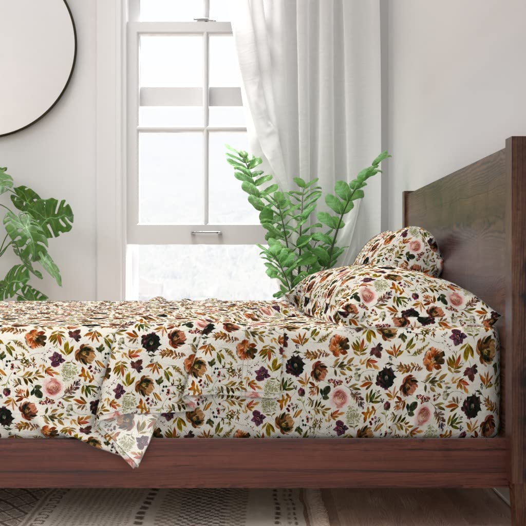 Premium 100% Cotton Twin Sheet Set (3-Piece) - Autumn Leaves & Burgundy Floral Print | Custom Bedding for Fall Home Decor | Soft & Breathable Sheets for Cozy Seasonal Bedrooms