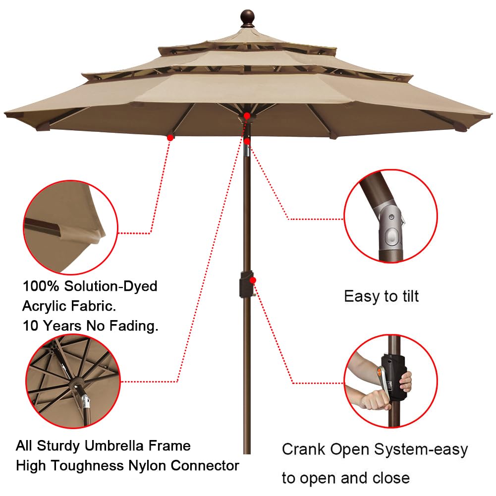 EliteShade 9Ft 3-Tier Patio Umbrella with Ventilation - 10-Year Fade-Resistant Outdoor Market Umbrella in Heather Beige - Perfect for Backyard, Poolside, and Restaurant Outdoor Dining