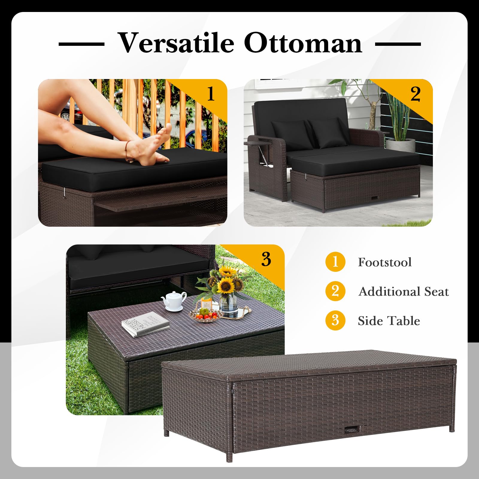 Tangkula Outdoor Rattan Daybed Set with Adjustable Backrest, Wicker Loveseat Sofa, Ottoman & Side Tray - Patio Furniture for Garden, Poolside, Balcony (Black) - Includes Storage Footstool & Cushions