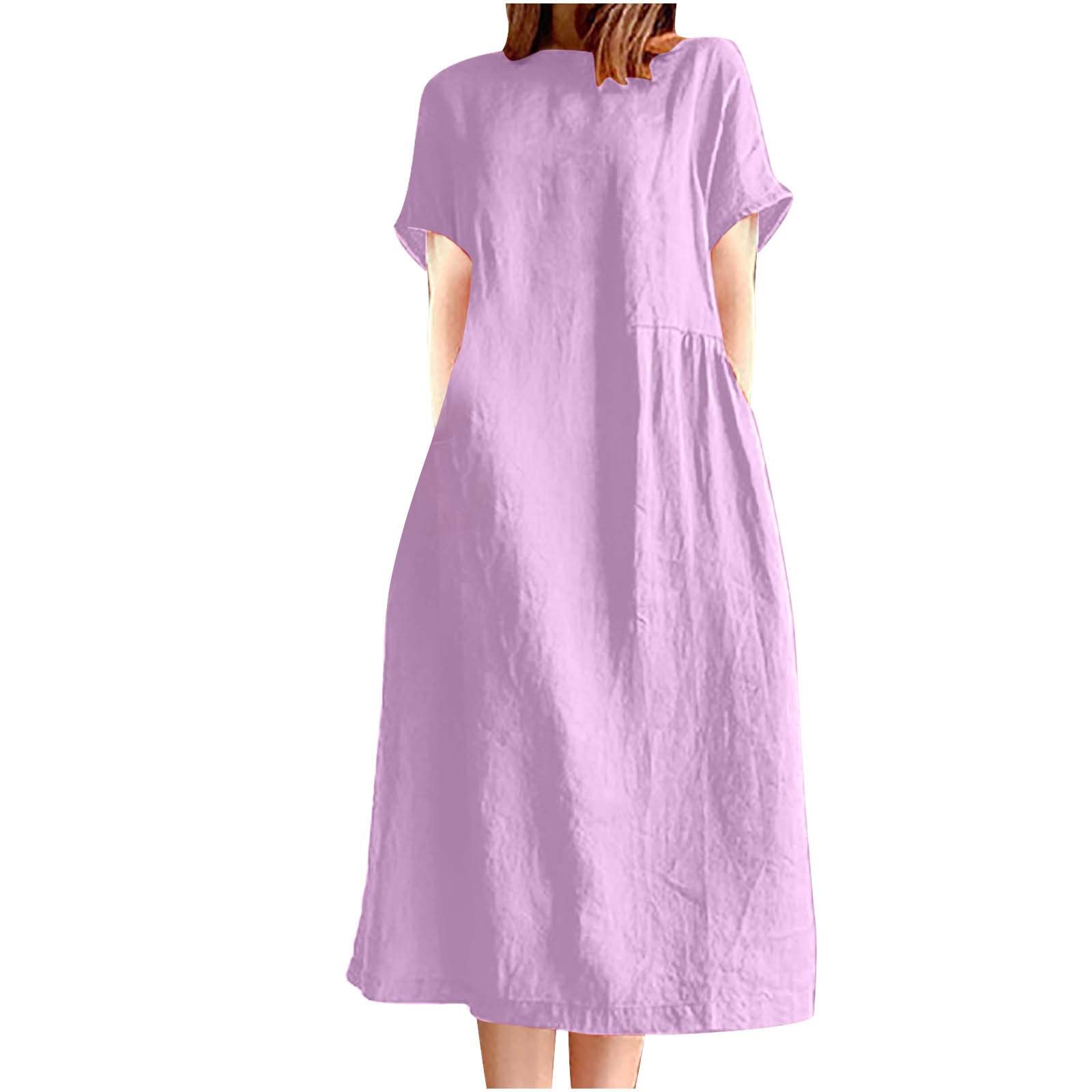 YZHM Women's Short Sleeve Crewneck Cotton Linen Dress - Solid Color Casual Loose Summer Midi Dress - Comfortable Daily Long Dress for Beach, Vacation & Outdoor Activities