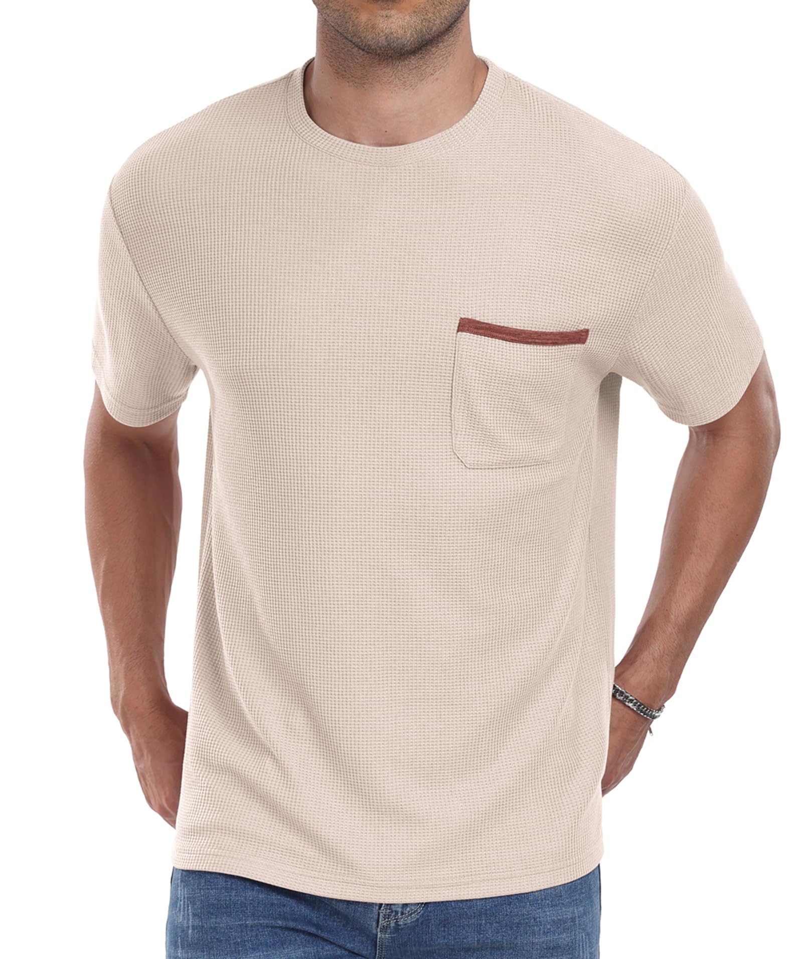 Men's Casual Short Sleeve Crew Neck T-Shirt - Soft Summer Tee with Waffle Texture & Pocket - Perfect for Beach, Travel & Everyday Wear