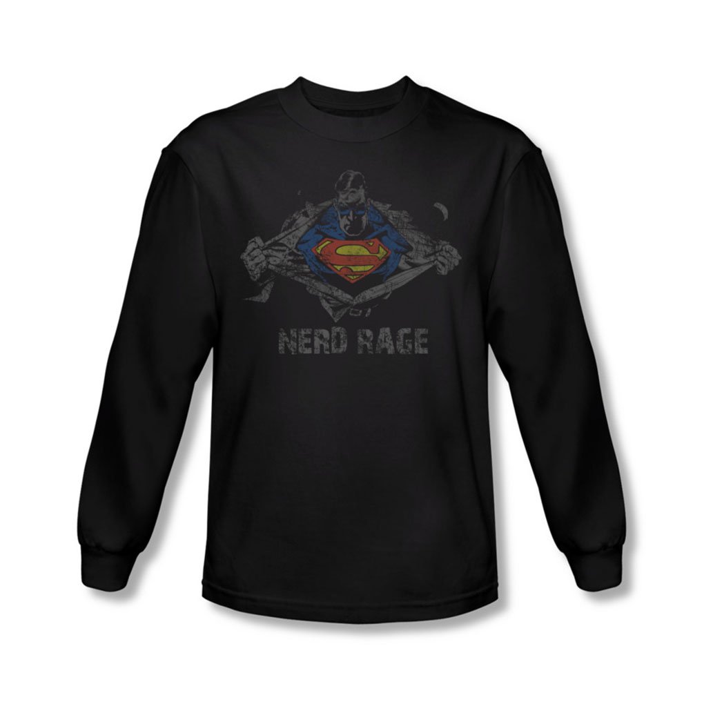 Superman Men's Nerd Rage Long Sleeve T-Shirt - Black Graphic Tee for Comic Fans | Casual Wear & Cosplay