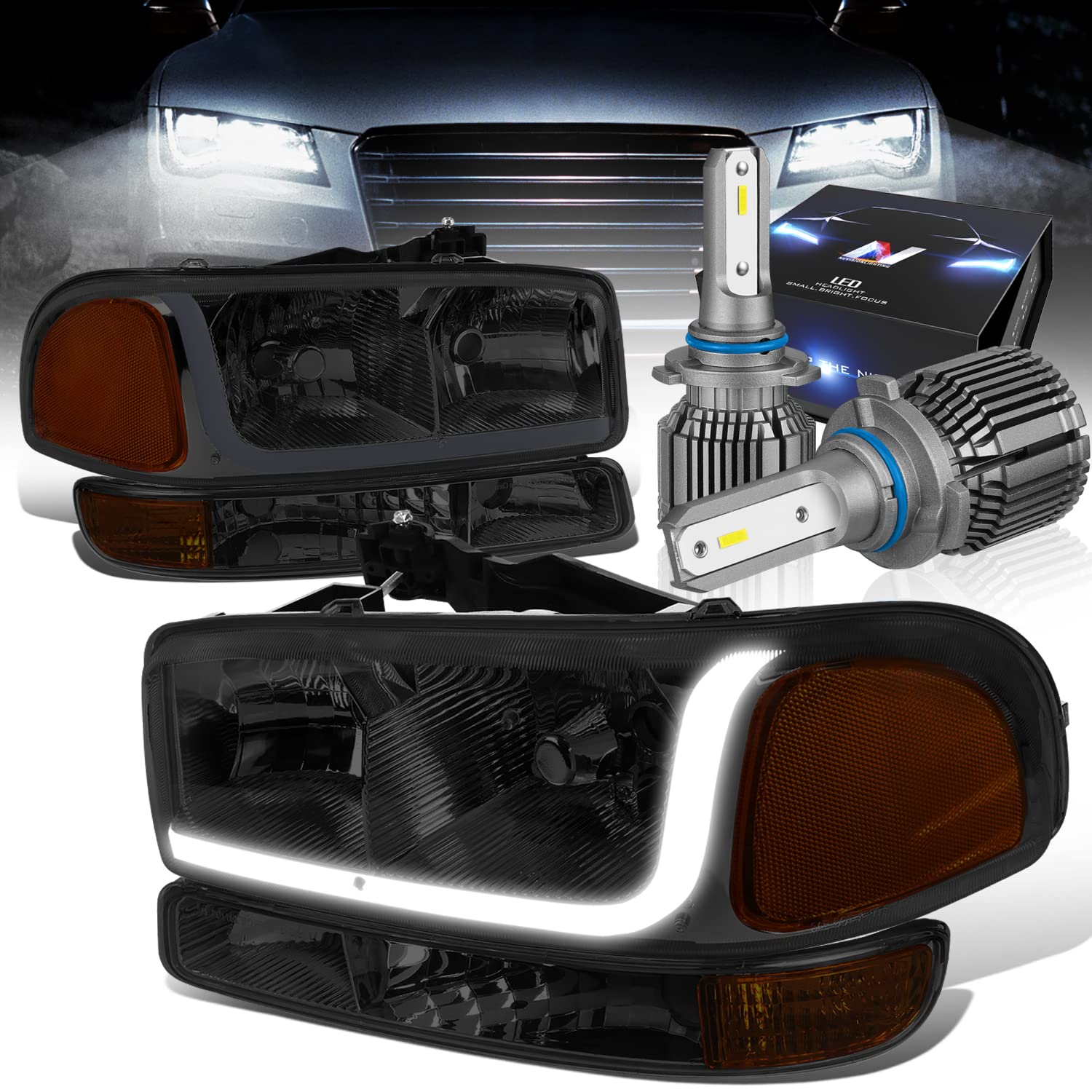DNA MOTORING Smoked LED Headlights for 99-07 Sierra Yukon - 10000 Lumens, 60W - Off-Road & Night Driving