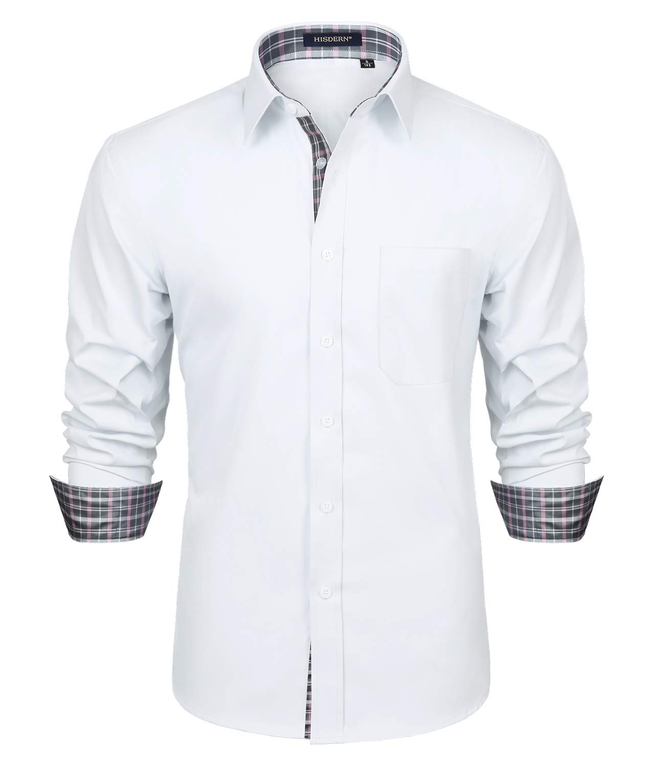 HISDERN Men's Contrast Inner Casual Shirt - Classic Button Down Dress Shirt, Long Sleeve Printed Formal Shirt, Regular Fit for Office, Business & Everyday Wear