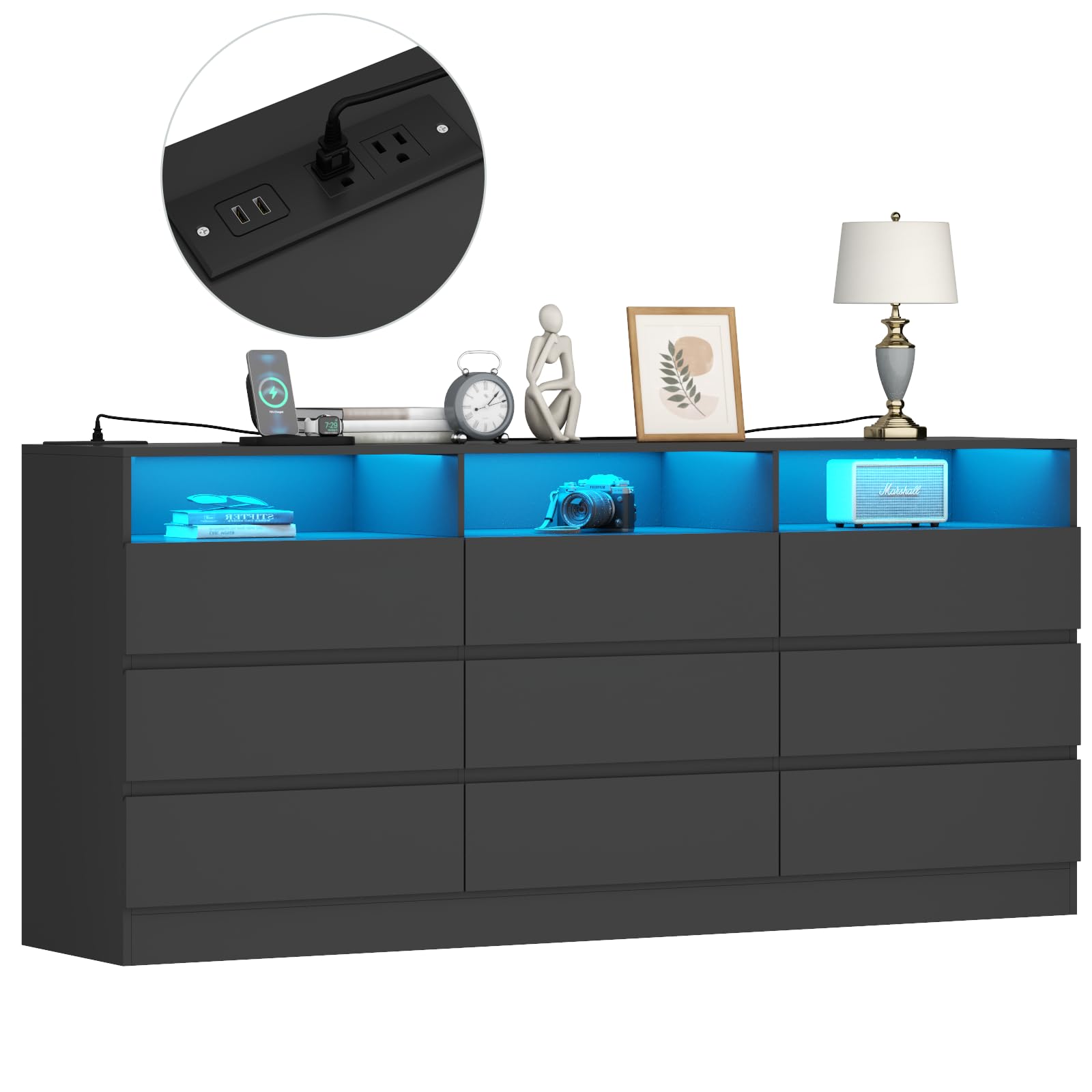9-Drawer Dresser with Power Outlet & LED Lighting - Modern Large Storage Cabinet with Handles, Free Drawers for Bedroom, Closet & Living Room - Perfect for Organizing Clothes, Accessories & Home Decor (Black)