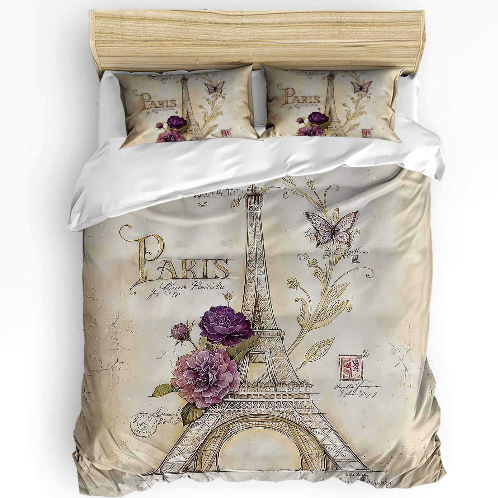 3 Piece Paris Eiffel Tower Floral Butterfly Bedding Set - Full Size Comforter, Duvet Cover & 2 Pillowcases for Kids, Teens, Adults - Romantic French Themed Bedroom Decor for Guest Rooms, Dorms & Home Staging