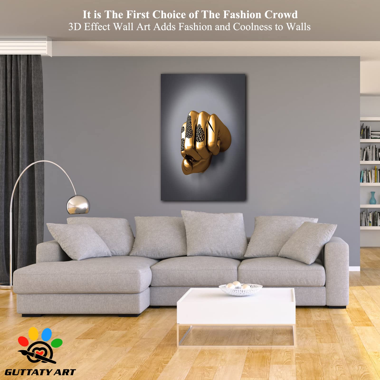 3D Metal Effect Fist Canvas Wall Art - Modern Silver Framed Wall Decor for Living Room & Bedroom - Valentine's Day Gift Idea - 24x36 Inches - Perfect for Man Cave, Office Decor, and Home Interior Design