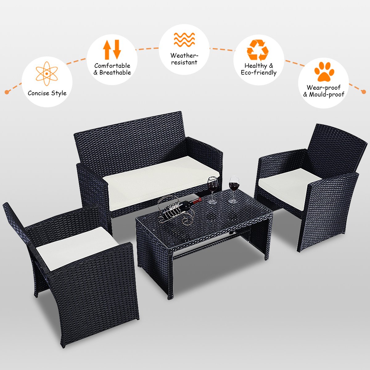 Casart 4-Piece Rattan Patio Furniture Set - Wicker Outdoor Sectional Sofa with Tempered Glass Coffee Table, High Backrest & Removable Cushions - Perfect for Garden, Lawn, Balcony, Deck & Poolside Relaxation