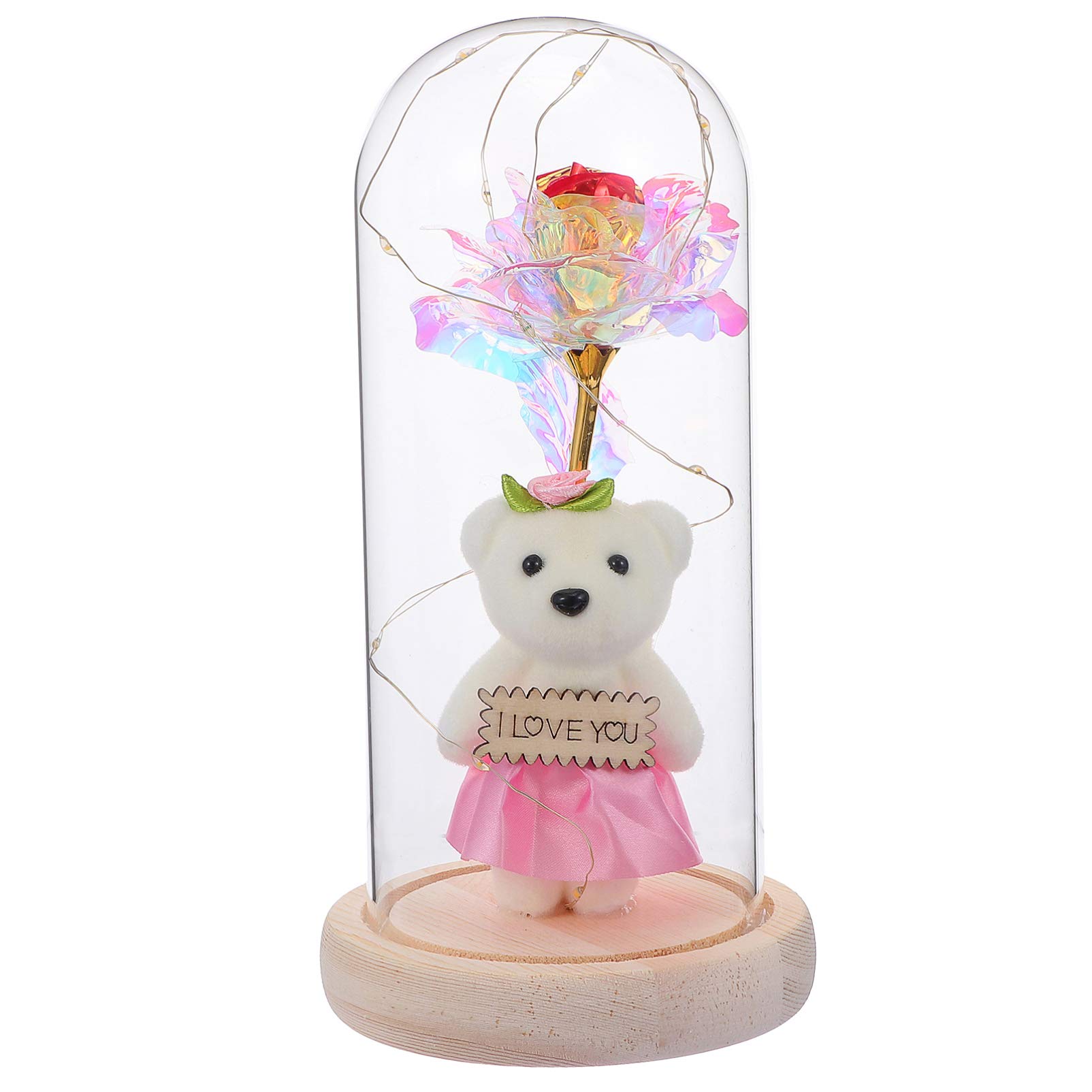 ABOOFAN Gold Foil Artificial Rose in Glass Dome with LED Light & Bear Figurine - Beauty and The Beast Inspired Forever Rose Gift for Her, Birthday, Anniversary, Valentine's Day - Perfect for Home Decor, Wedding Centerpiece, Romantic Proposal Gift