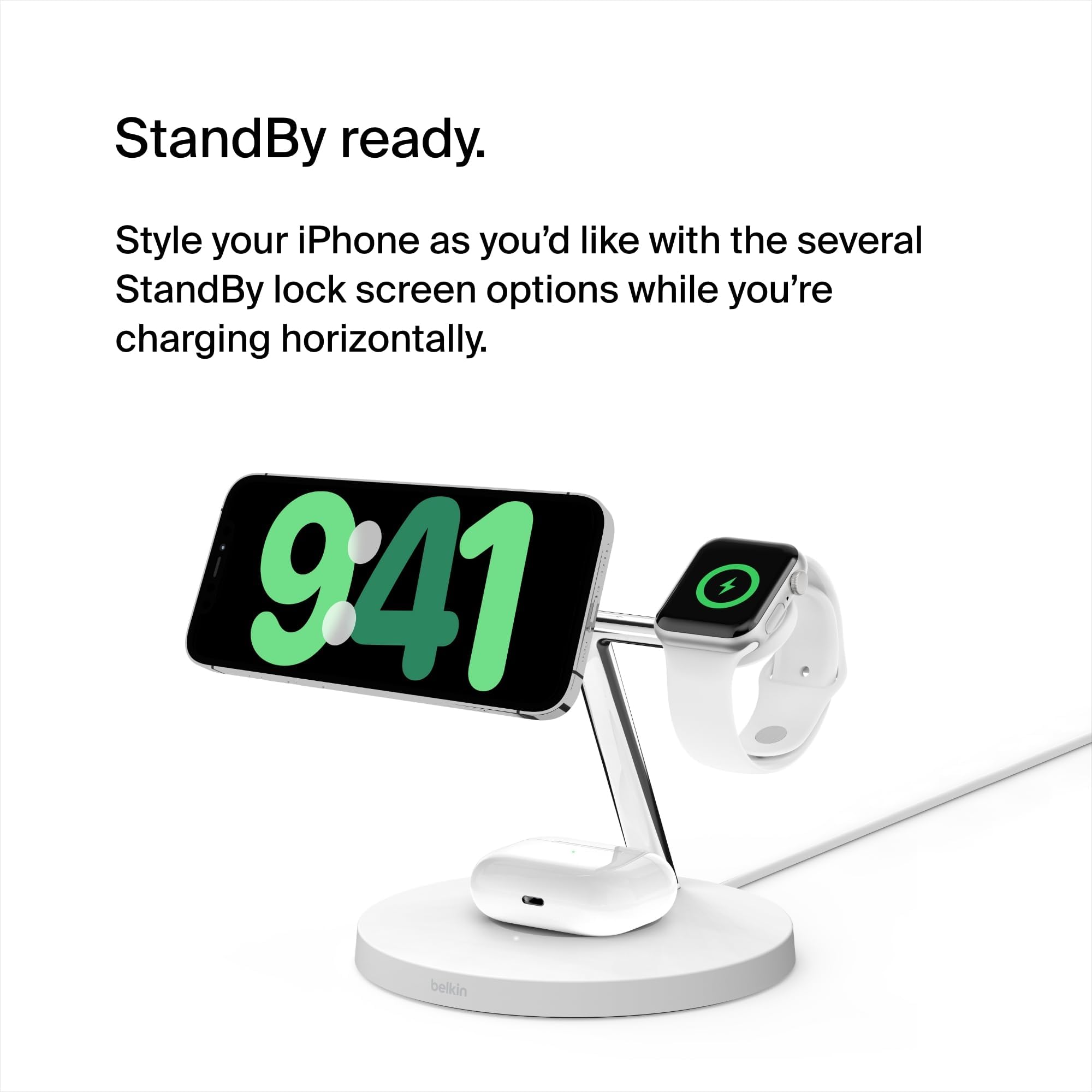 Belkin BoostCharge Pro 3-in-1 Wireless Charger Stand with Qi2 Technology - Fast 15W Charging for iPhone 16/15/14/13/12, Apple Watch & AirPods - Magnetic Alignment - Sleek White Design - Perfect for Home, Office & Travel