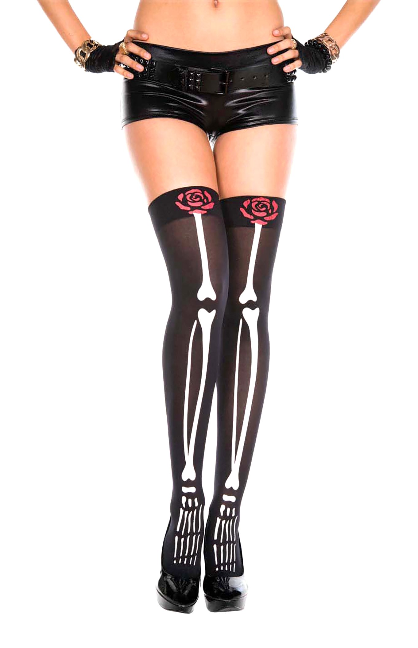 Women's Skeleton Print Rose Design Thigh High Socks - Gothic Fashion Accessories for Halloween, Cosplay & Night Out Outfits