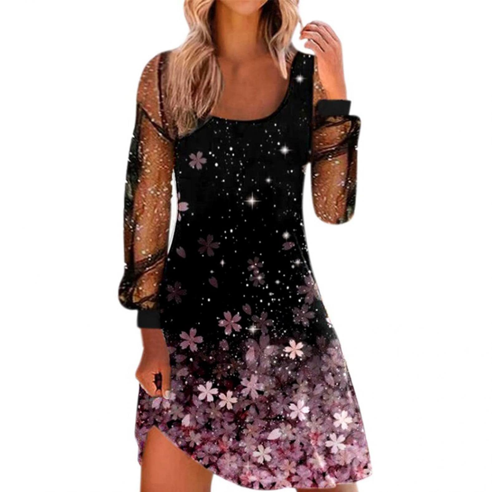 ORT Women's Long Sleeve Sparkly Floral Sundress - Summer Spaghetti Strap Dress for Beach, Party & Casual Wear