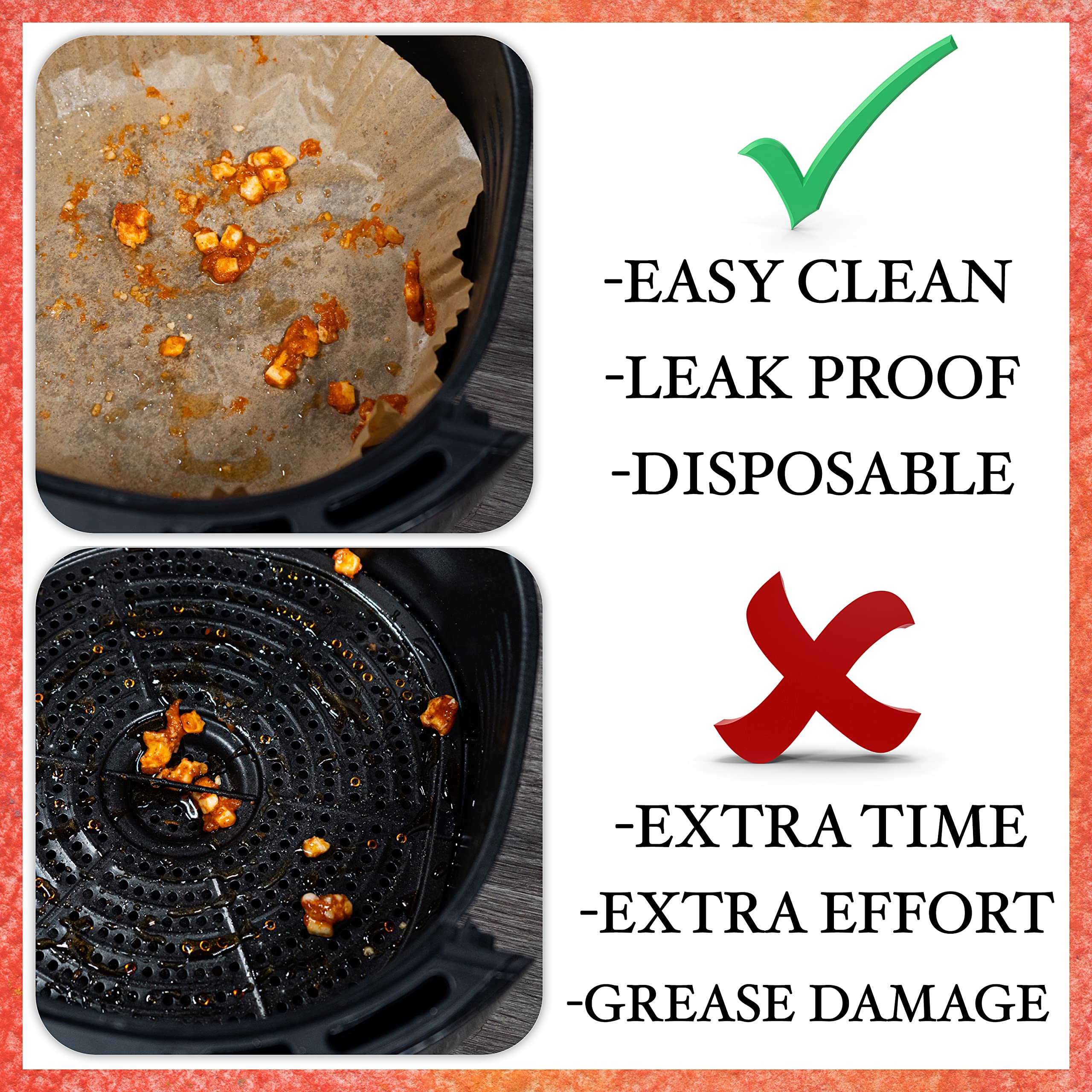 Non-Toxic Unbleached Air Fryer Disposable Paper Liners - Food Grade Safe, Leakproof & Non-Stick - Keep Your Air Fryer Clean - Perfect for Cooking Chicken Wings, French Fries & Vegetables