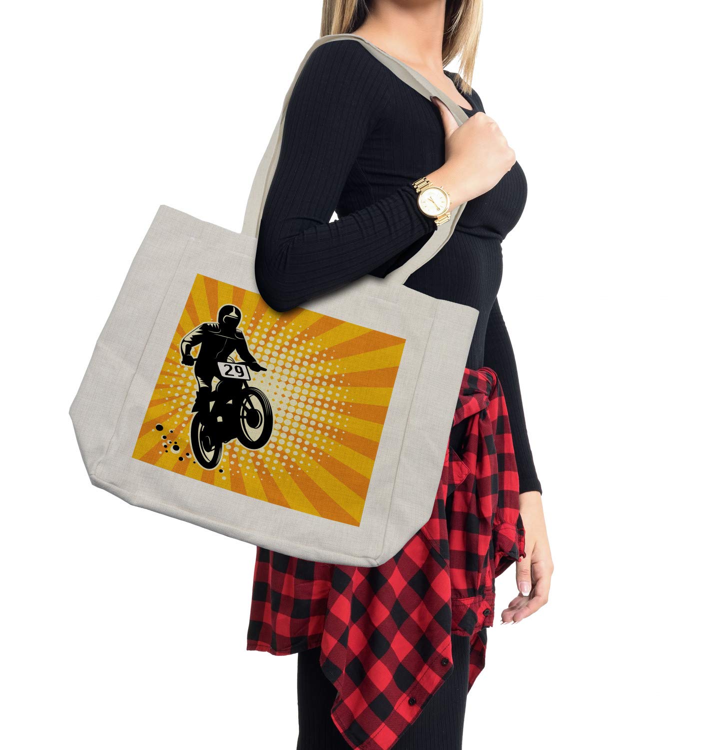 Eco-Friendly Reusable Grocery Shopping Bag - Abstract Dirt Bike Stunt Rider Design on Yellow & Orange Starburst Pattern, 15.5