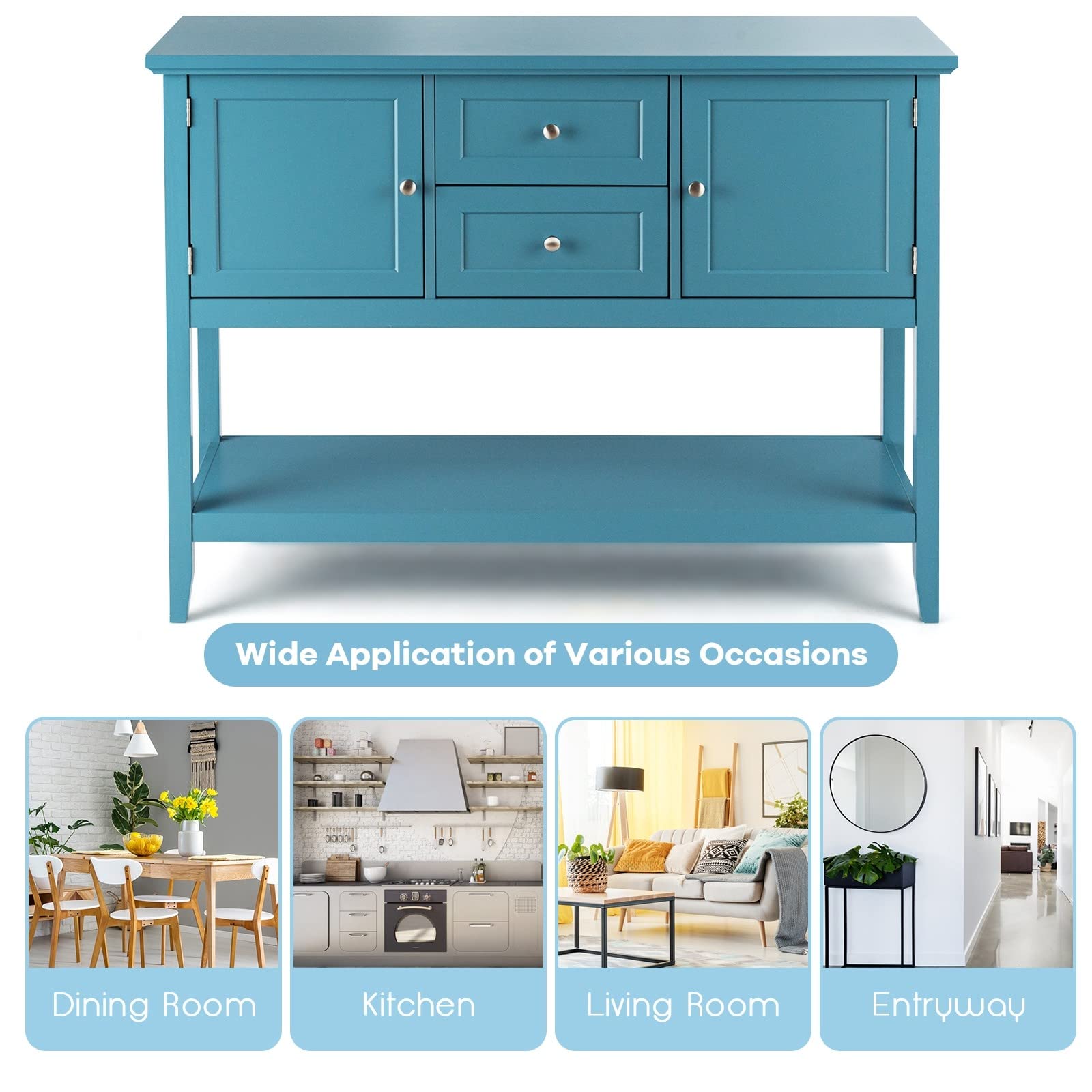 Moccha Buffet Sideboard - Wooden Console Table with 2 Drawers & 2 Storage Cabinets, Bottom Shelf - Perfect for Living Room, Kitchen, Dining Room & Hallway Decor (Aqua Blue) - Ideal for Entertaining, Storage & Home Organization