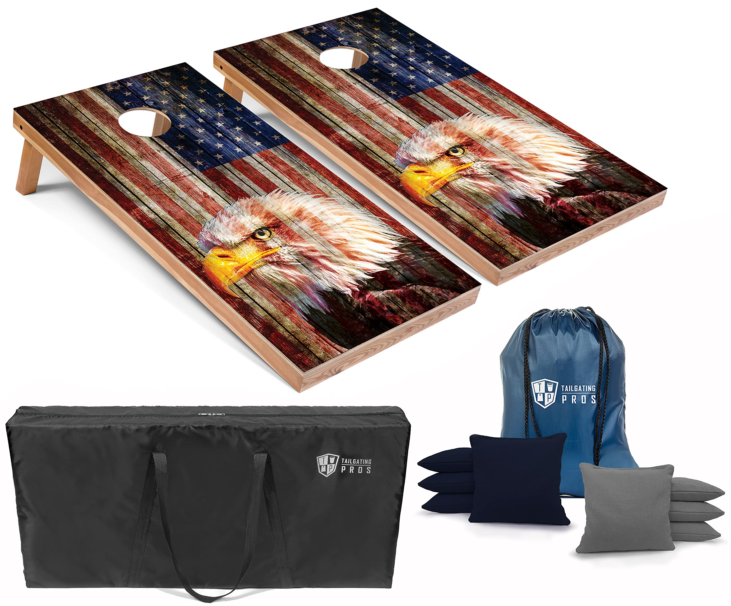 Patriotic Eagle US Flag Cornhole Board Set with Bean Bags & Carrying Case - 4'x2' Premium Outdoor Toss Game - Optional LED Lights for Backyard, Tailgating, and BBQ Parties