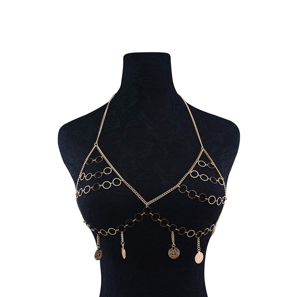 JIN YU MAN TANG Women's Gold Alloy Bikini Crossover Body Chain Belly Harness for Dance, Party, Festival, and Beach Wear - Sexy Fashion Accessory for Women