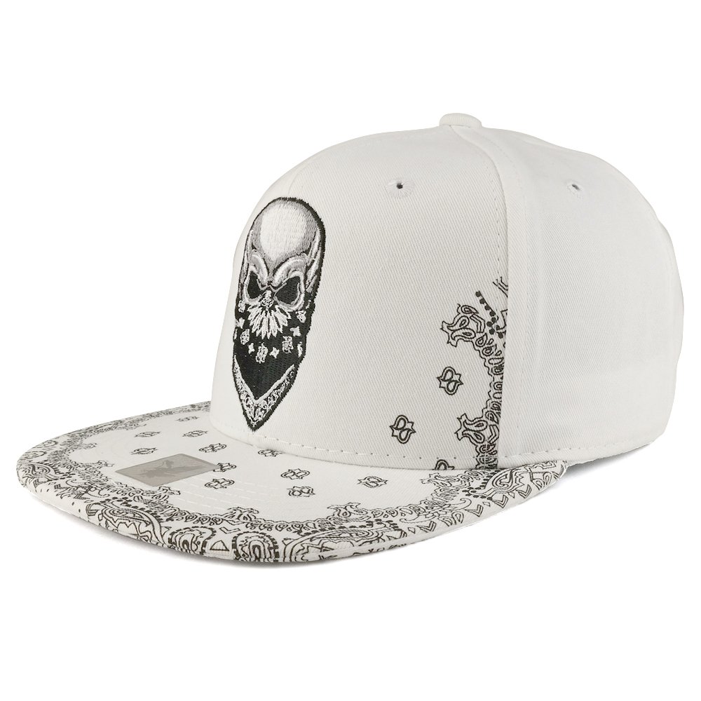 Trendy Skull Bandana Embroidered Paisley Print Flatbill Cap - Stylish Unisex Adjustable Baseball Hat for Men & Women - Perfect for Outdoor Activities, Concerts, and Streetwear Fashion
