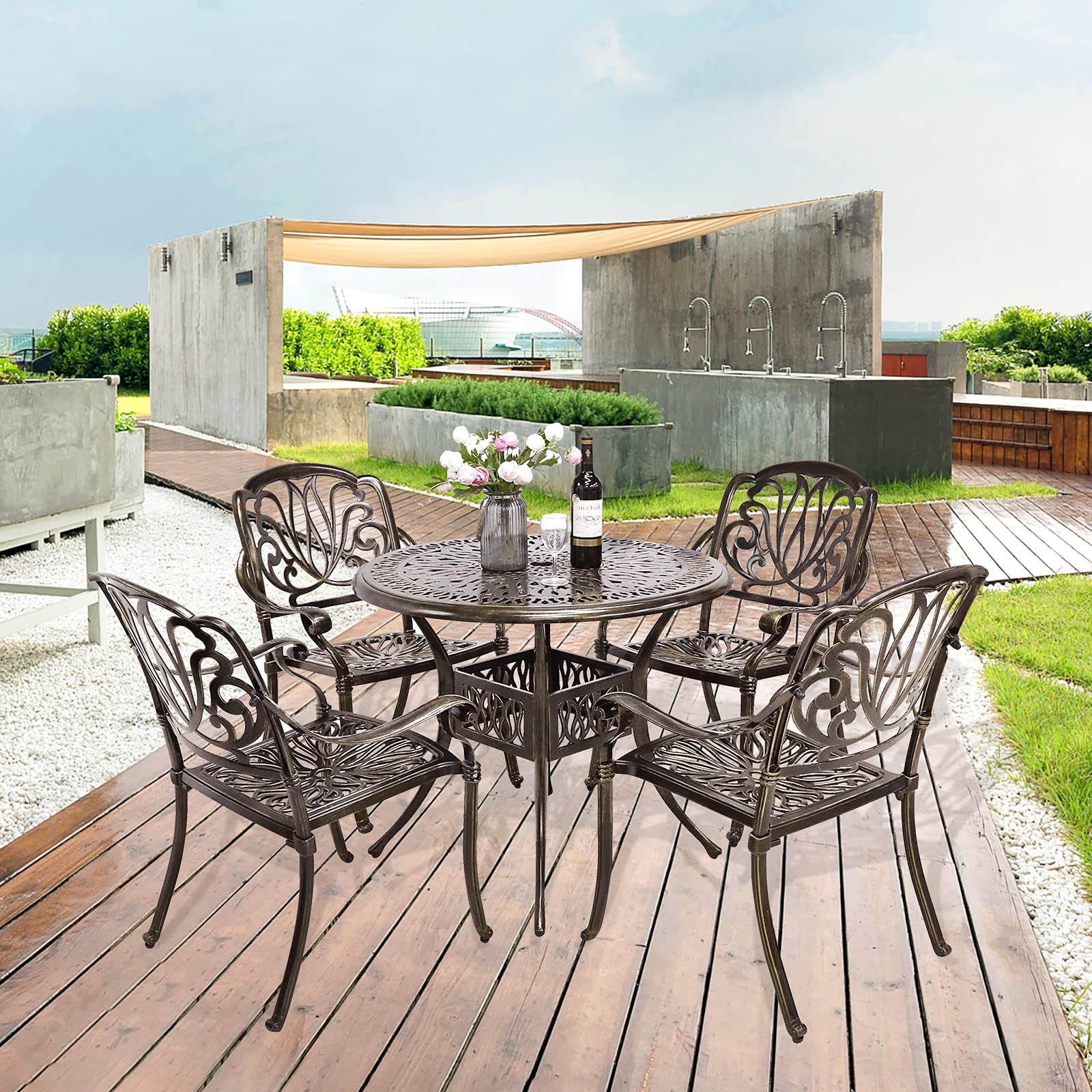 VIVIJASON 5-Piece All-Weather Outdoor Patio Dining Set - Cast Aluminum Round Table with Umbrella Hole & 4 Chairs - Durable Garden Furniture for Balcony, Lawn, Backyard - Perfect for Outdoor Entertaining and Relaxation