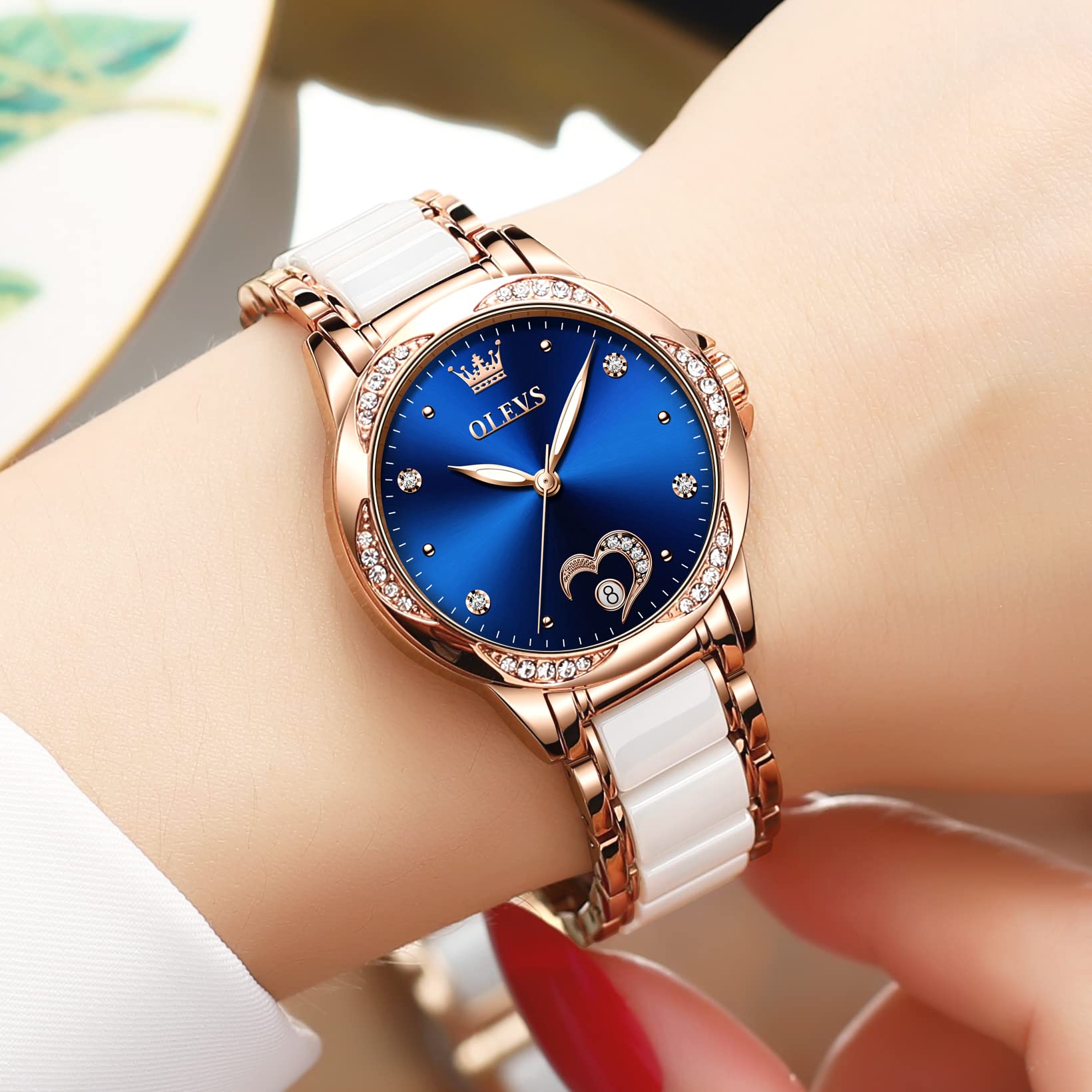 OLEVS Women's Automatic Watch - Luxury Large Face Diamond Accented Self-Winding Dress Watch with Two-Tone Stainless Steel & Ceramic Bracelet | Waterproof Ladies Watch for Business, Party & Everyday Wear