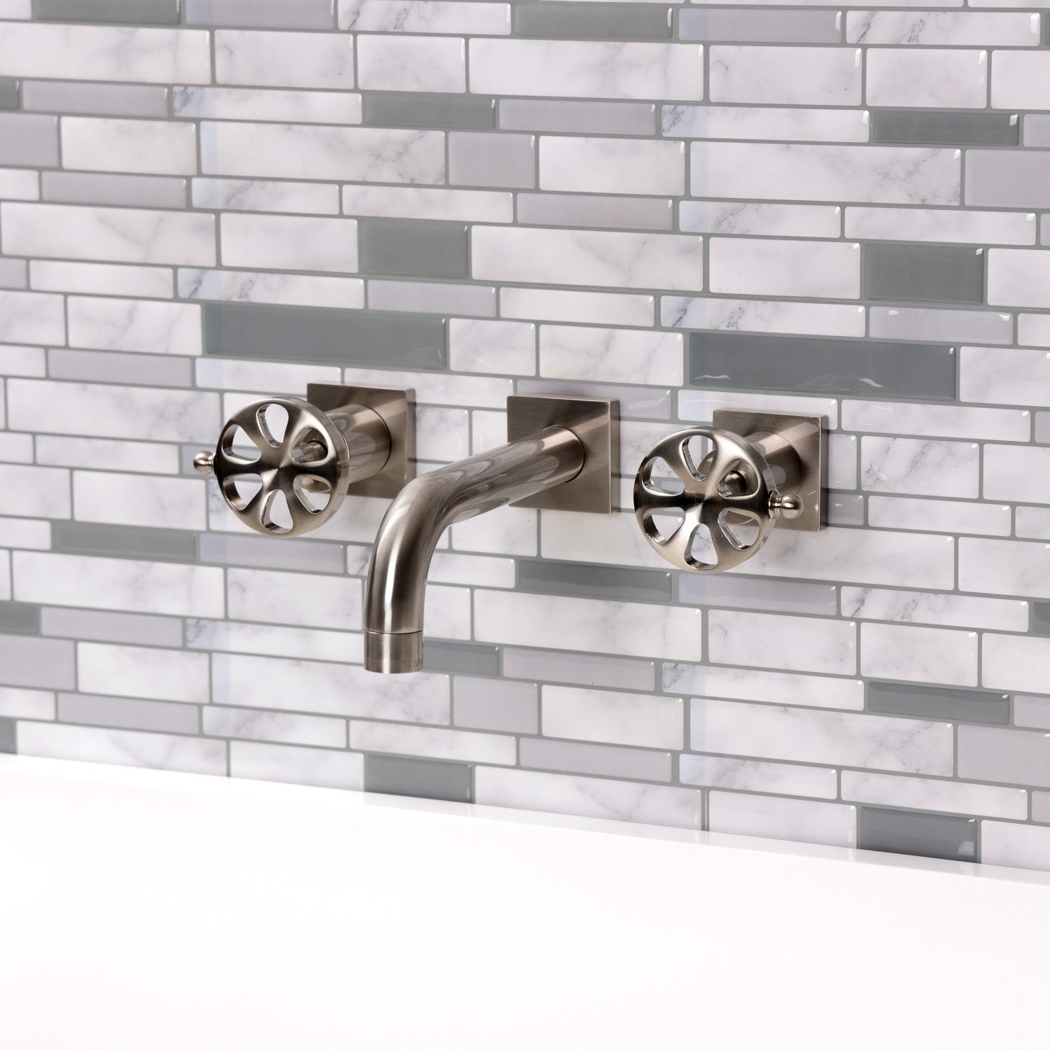 Belknap KS6128RX Brushed Nickel Double Handle 3-Hole Wall Mount Bathroom Faucet - Perfect for Modern Bathrooms and Powder Rooms
