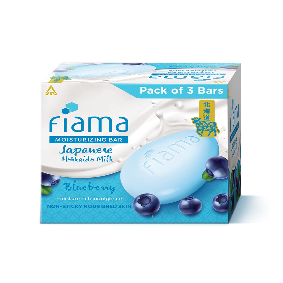 Fiama Moisturizing Soap Bar with Japanese Hokkaido Milk & Blueberry - Pack of 3 | Non-Sticky Moisturizing Soap for Soft Skin | Enriched with Vitamin F & Natural Fragrance | Perfect for Daily Bathing, Spa Days & Gift Giving