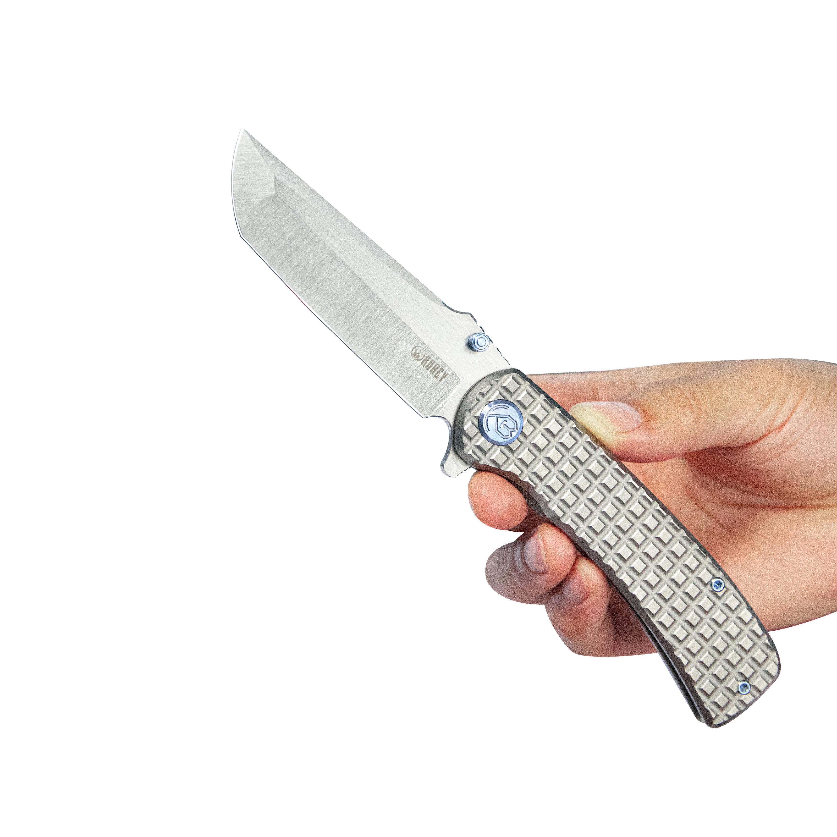 Kubey Interflow Tactical Folding Knife - Grey Titanium FRAG Handle, 3.5