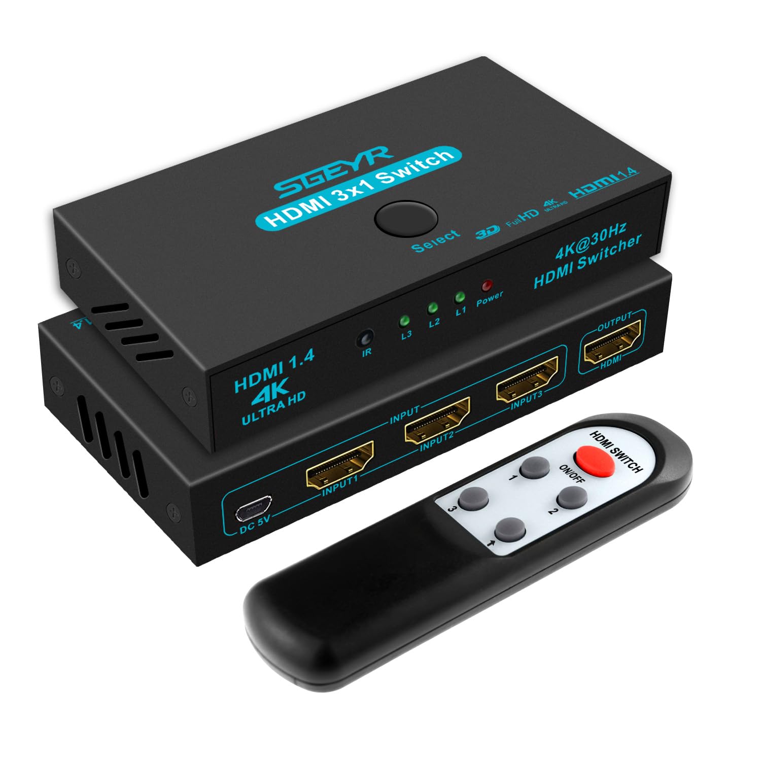 SGEYR HDMI Switch 4K@30Hz 3 Input 1 Output with Remote Control - Auto Switcher for PS5, PS4, DVD Player, Projector, Smart TV - Perfect for Home Theater & Gaming Setup