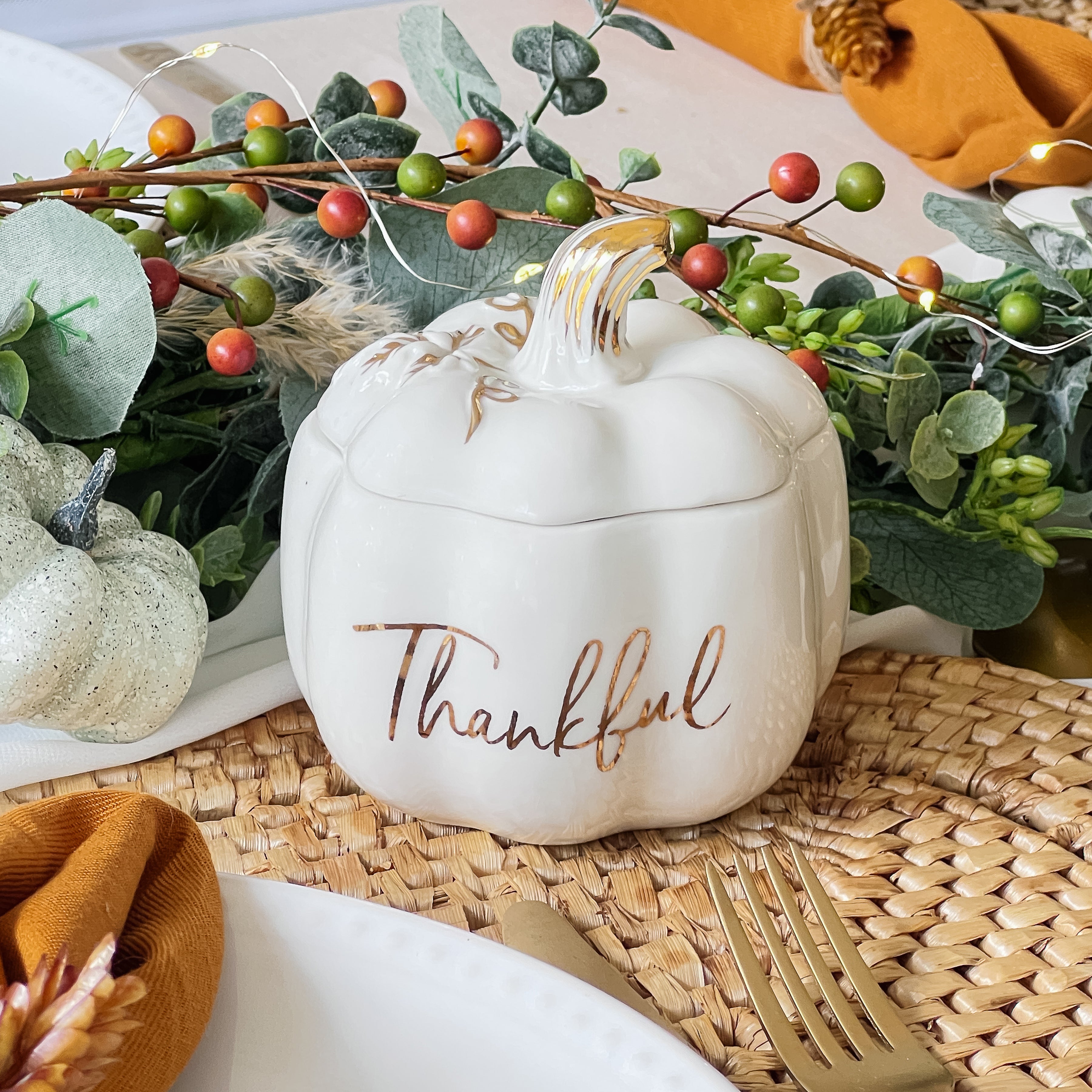 Thankful White Pumpkin Decorative Bowl - Fall Harvest Centerpiece for Thanksgiving Table Decor, Farmhouse Home Decor, Autumn Party Serving Dish