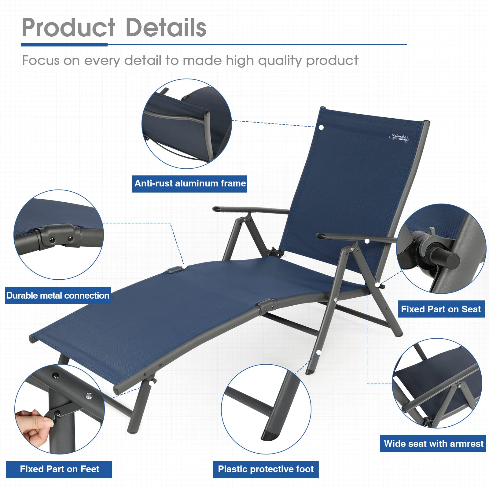 **Premium Aluminum Folding Chaise Lounge Chair - 7-Position Adjustable Backrest, Portable Outdoor Recliner for Poolside, Beach, Backyard & Lawn - Supports 300 lbs - Perfect for Sunbathing, Relaxing & Lounging**