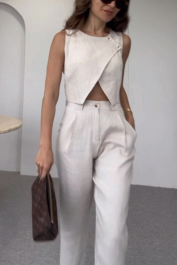Balvin Linen Blend Cross Button Neck Crop Vest & High Waist Pocket Pants Set - Women's Casual Summer Outfit for Beach, Travel & Street Style