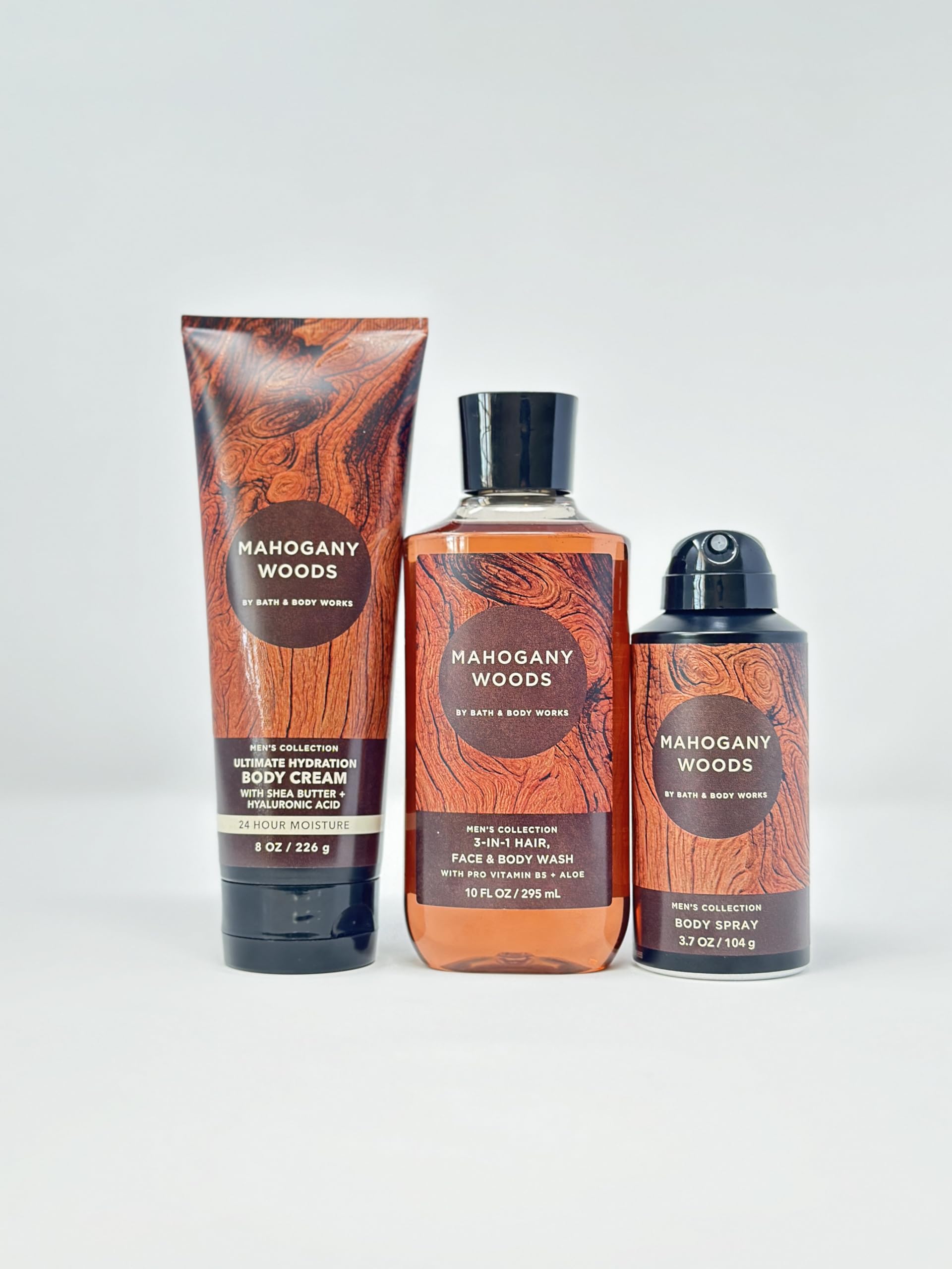 Mahogany Woods Bath & Body Gift Set - 3-Piece Ultimate Hydration Bundle with Body Cream, Body Spray & Body Wash | Perfect for Men's Skincare & Luxury Gifts