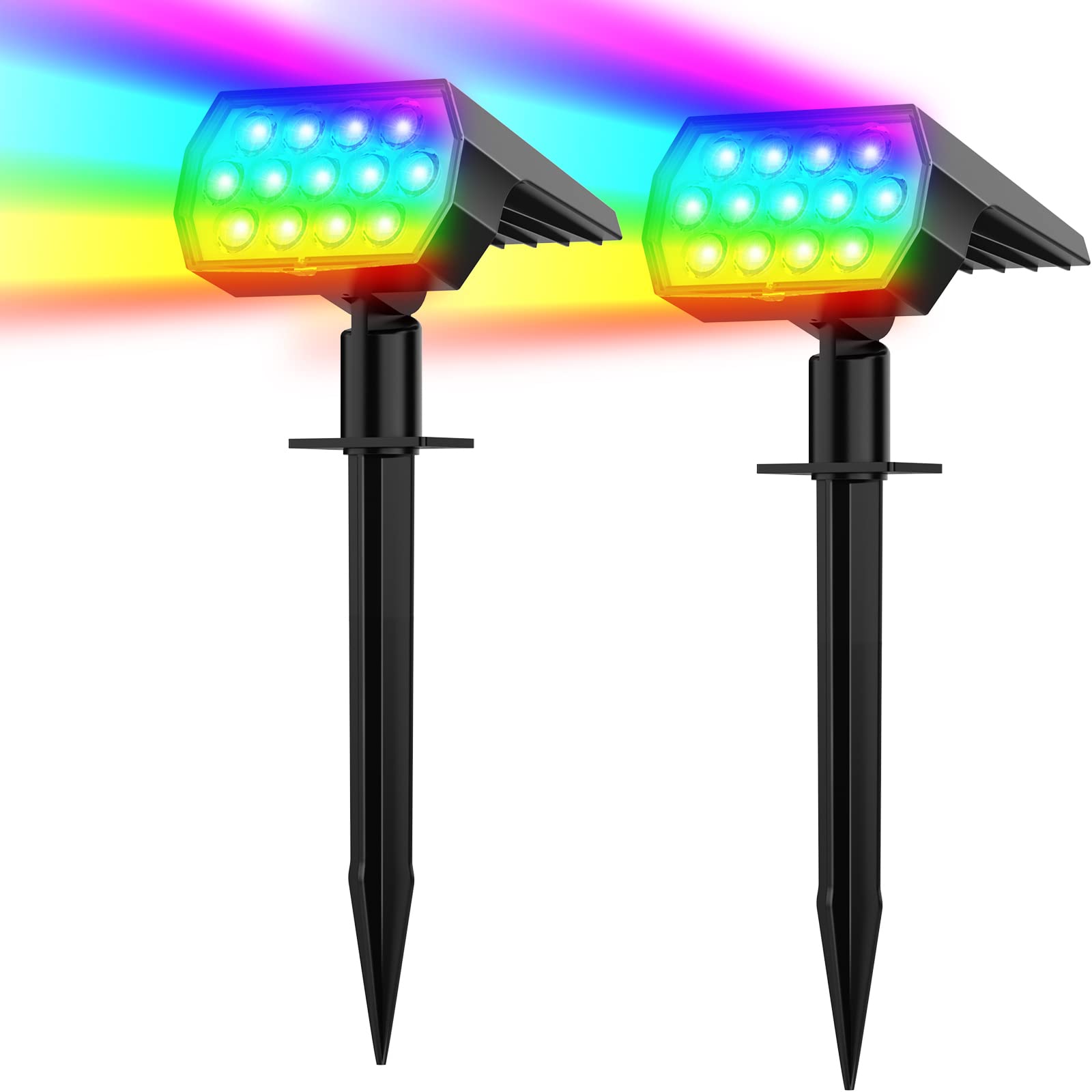 Solar Spot Lights Outdoor 2 Pack - Color Changing with 7 Modes, IP65 Waterproof Landscape Lighting - Solar Powered Security Lights for Patio, Garden, Walkway, Driveway, Pool Area - Perfect for Christmas Decor & Nighttime Safety